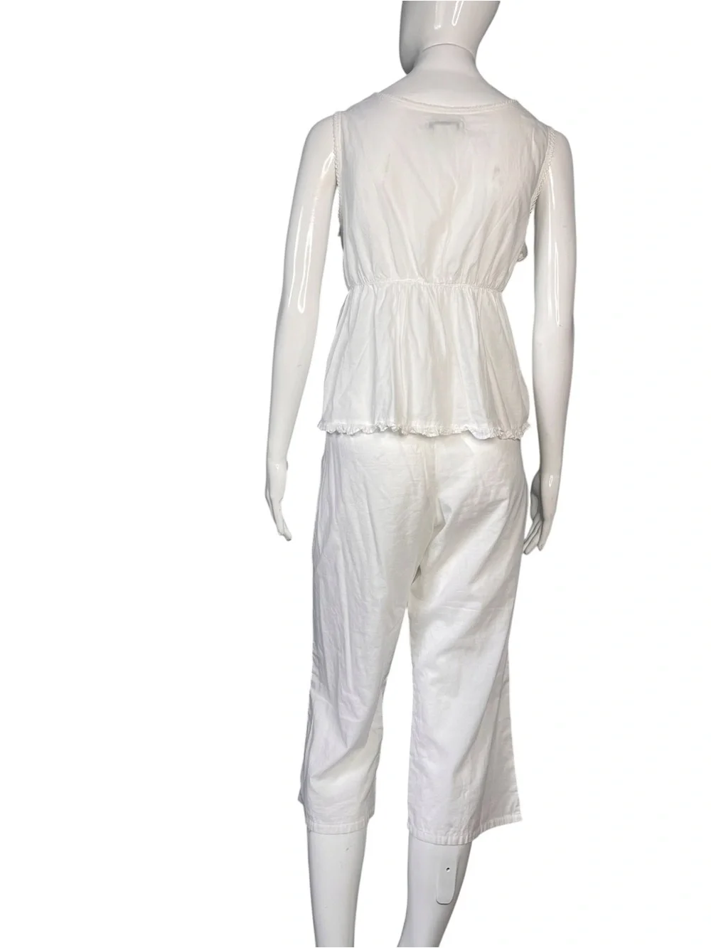 Laura Ashley Vintage White Floral Embroidered Sleeveless Cotton 2Pc Pajama Set M